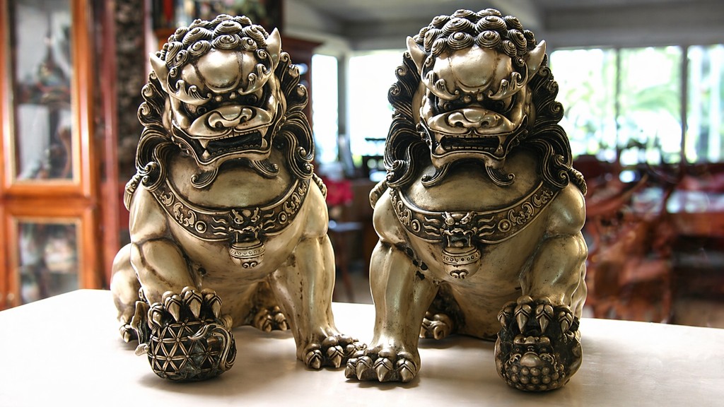 Carved stone guardian lion with calm, watchful expression